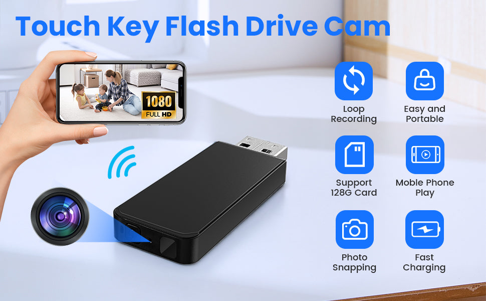 Advert for a "Touch Key Flash Drive Cam" with icons for features like 1080p HD, loop recording, and smartphone connectivity