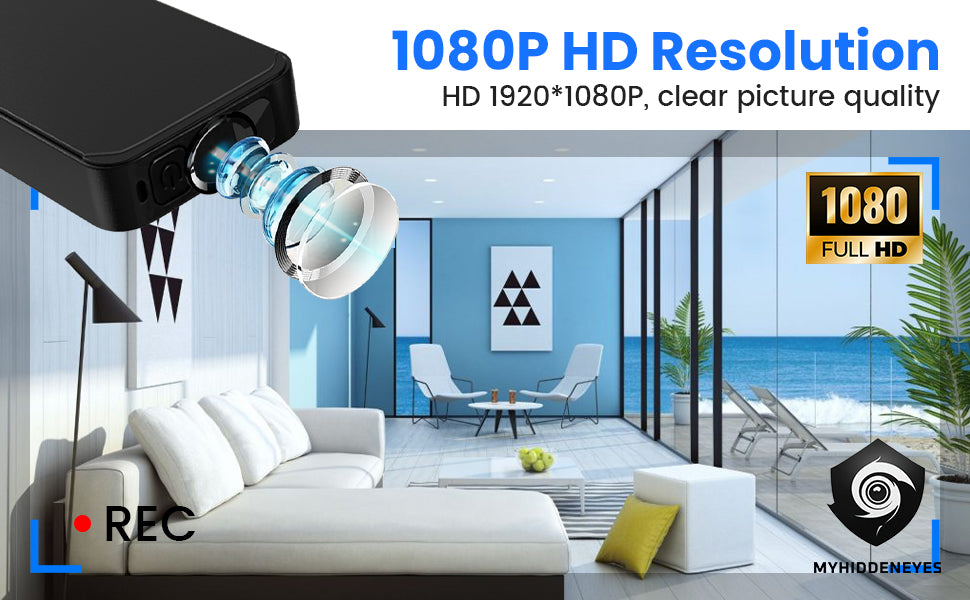 An ad for a 1080P HD security camera with a lens graphic overlay on a modern living room scene