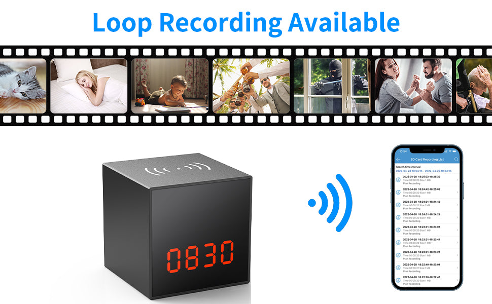 Ad for a device offering loop recording, displaying various use cases, a clock design, and mobile app integration