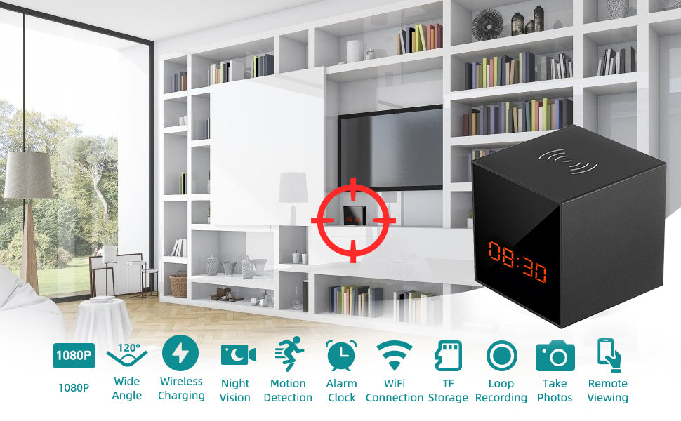 Modern room with a digital clock-like device, highlighting surveillance features