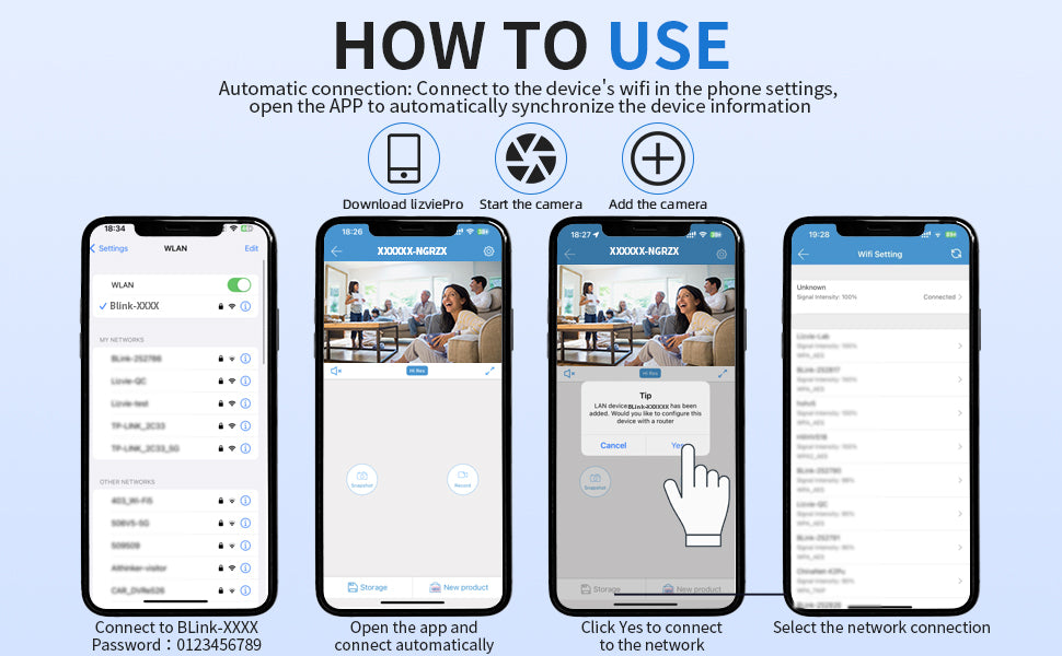 Infographic showing steps to connect a camera device via an app, with screenshots on smartphones